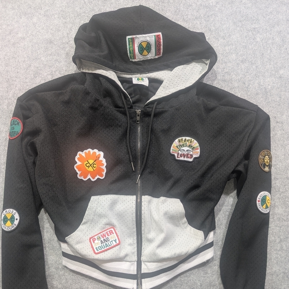 Cross Colors Colours Cropped Zip up Mesh Hoodie Streetwear Black Patches Medium